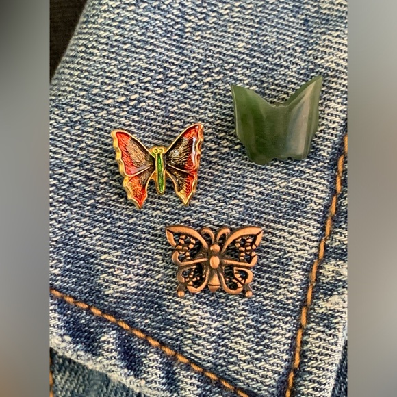 Bundle of Vintage Butterfly Lapel Hat Pins Copper Cloisonné Aventurine Set of 3 - Picture 7 of 7